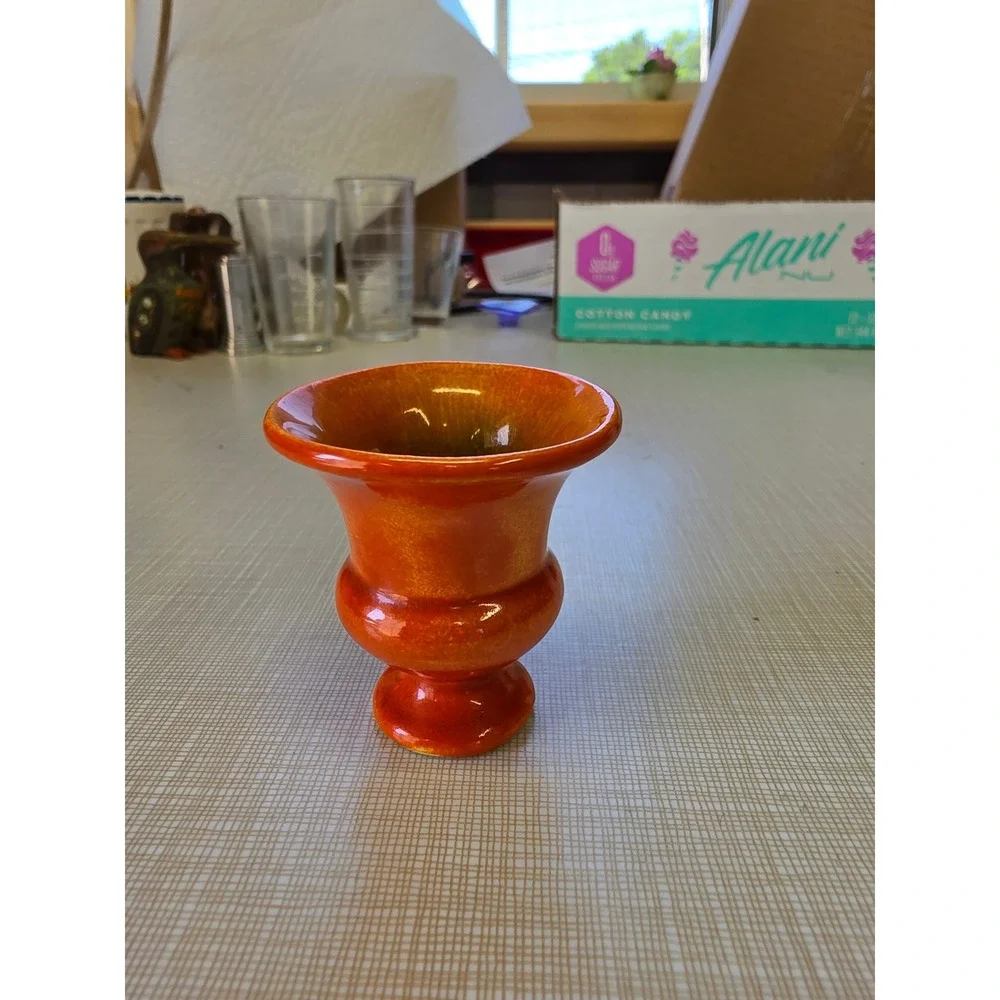 Vintage Miniature Orange Glazed Ceramic Vase Tiny Bud Vase Urn 2.25 Inch